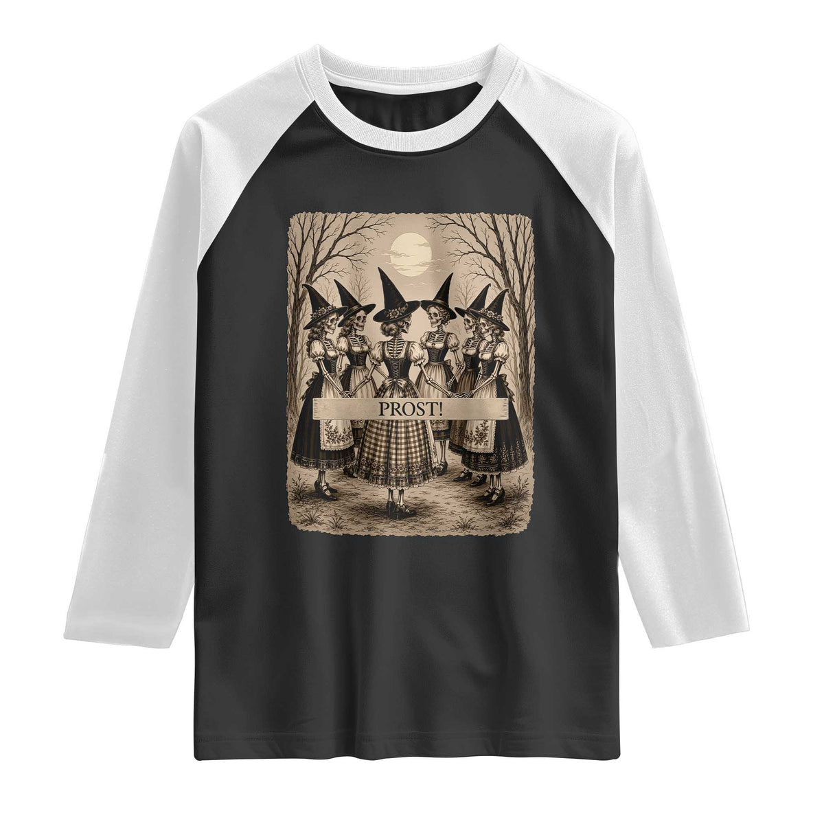 Skeleton Witches Coven Oktoberfest Raglan Shirt German Dirndl Spooky Beer Festival Gift