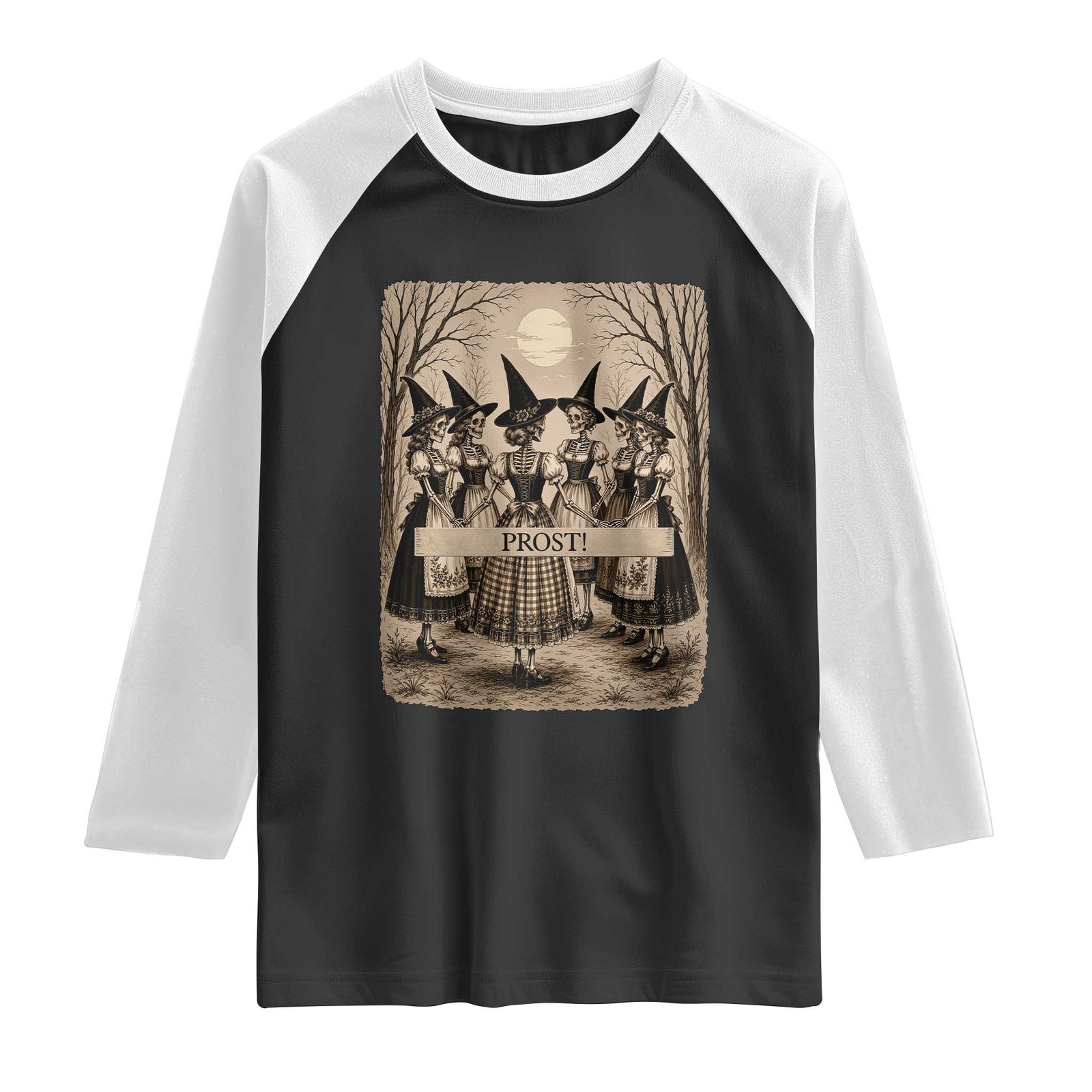 Skeleton Witches Coven Oktoberfest Raglan Shirt German Dirndl Spooky Beer Festival Gift TS12 Black White Print Your Wear