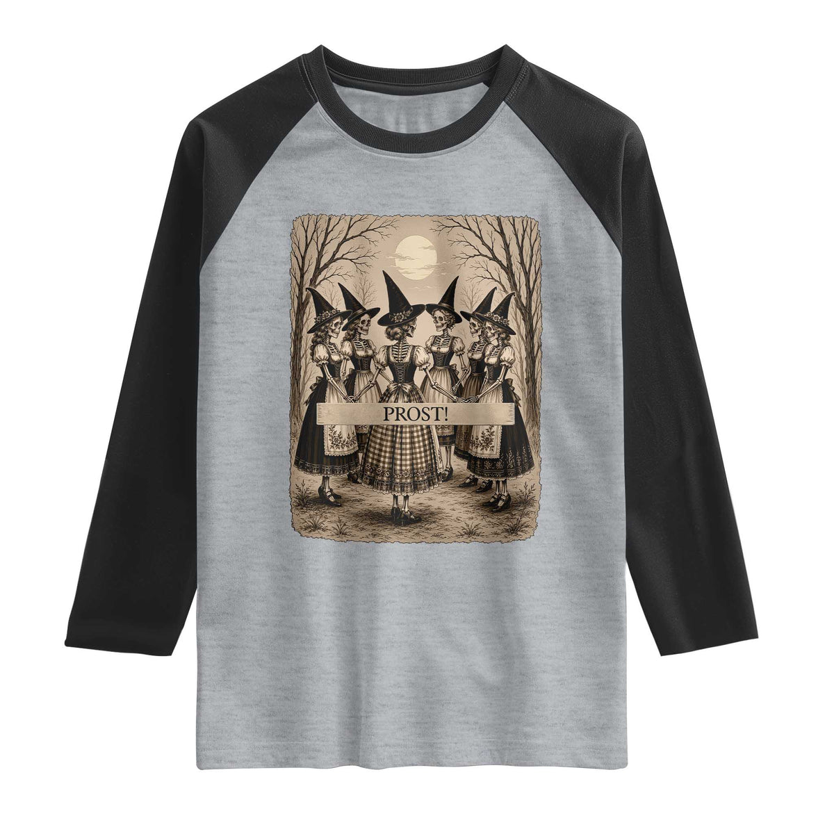 Skeleton Witches Coven Oktoberfest Raglan Shirt German Dirndl Spooky Beer Festival Gift