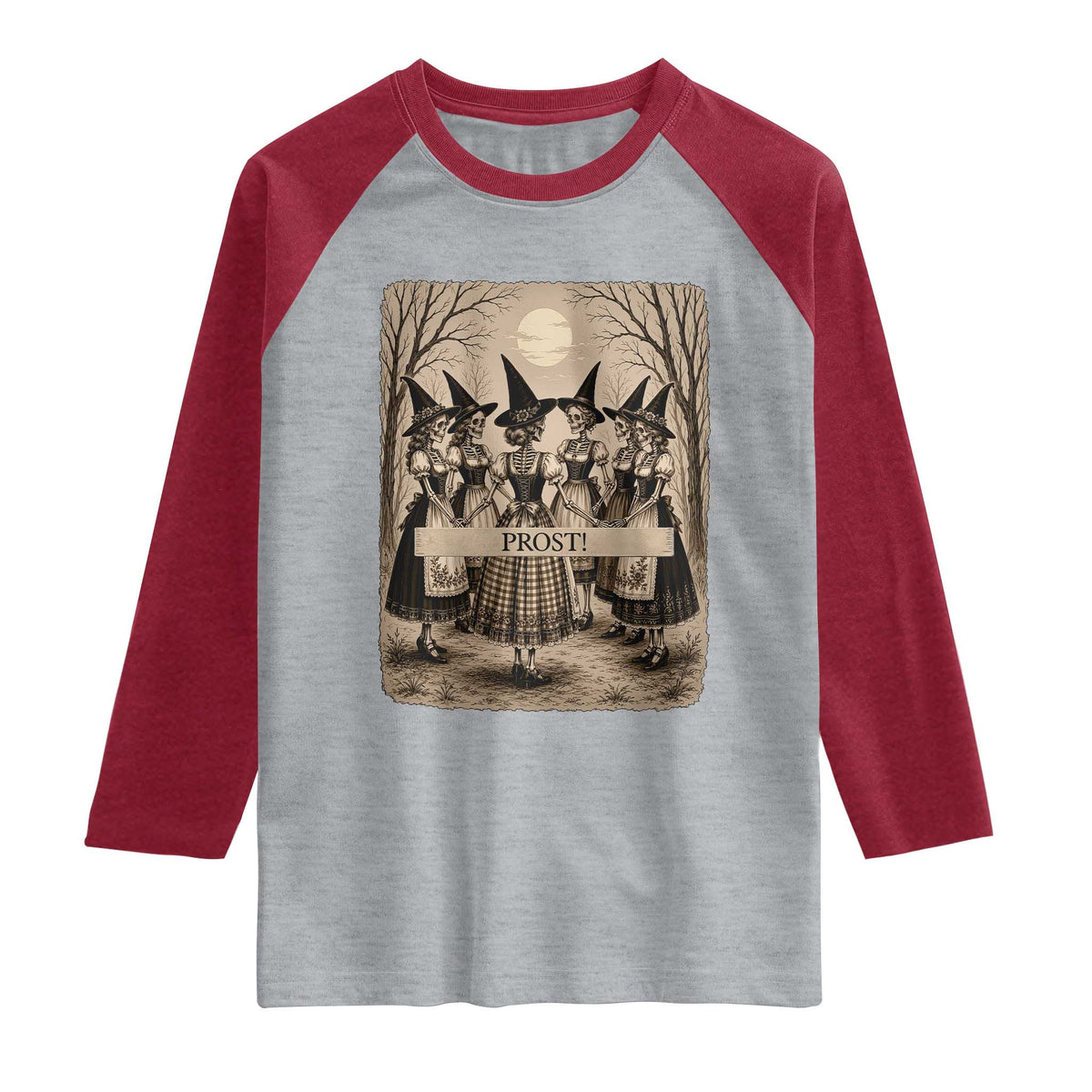Skeleton Witches Coven Oktoberfest Raglan Shirt German Dirndl Spooky Beer Festival Gift