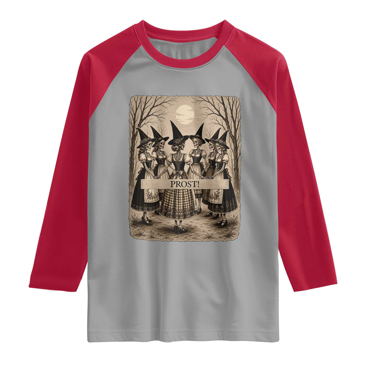 Skeleton Witches Coven Oktoberfest Raglan Shirt German Dirndl Spooky Beer Festival Gift