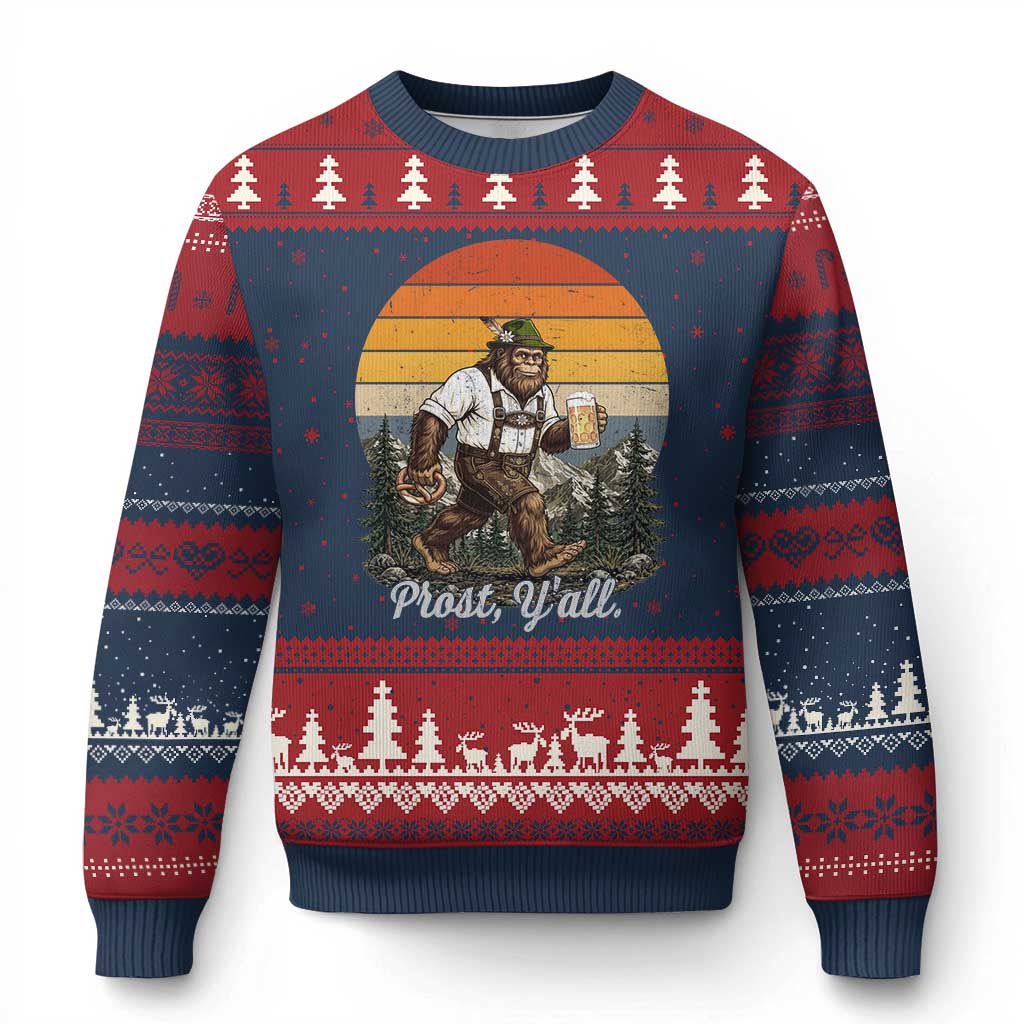 Prost Yall Bigfoot Ugly Christmas Sweater Vintage Oktoberfest Beer Lover Sasquatch Gift TS12 Navy Red Print Your Wear