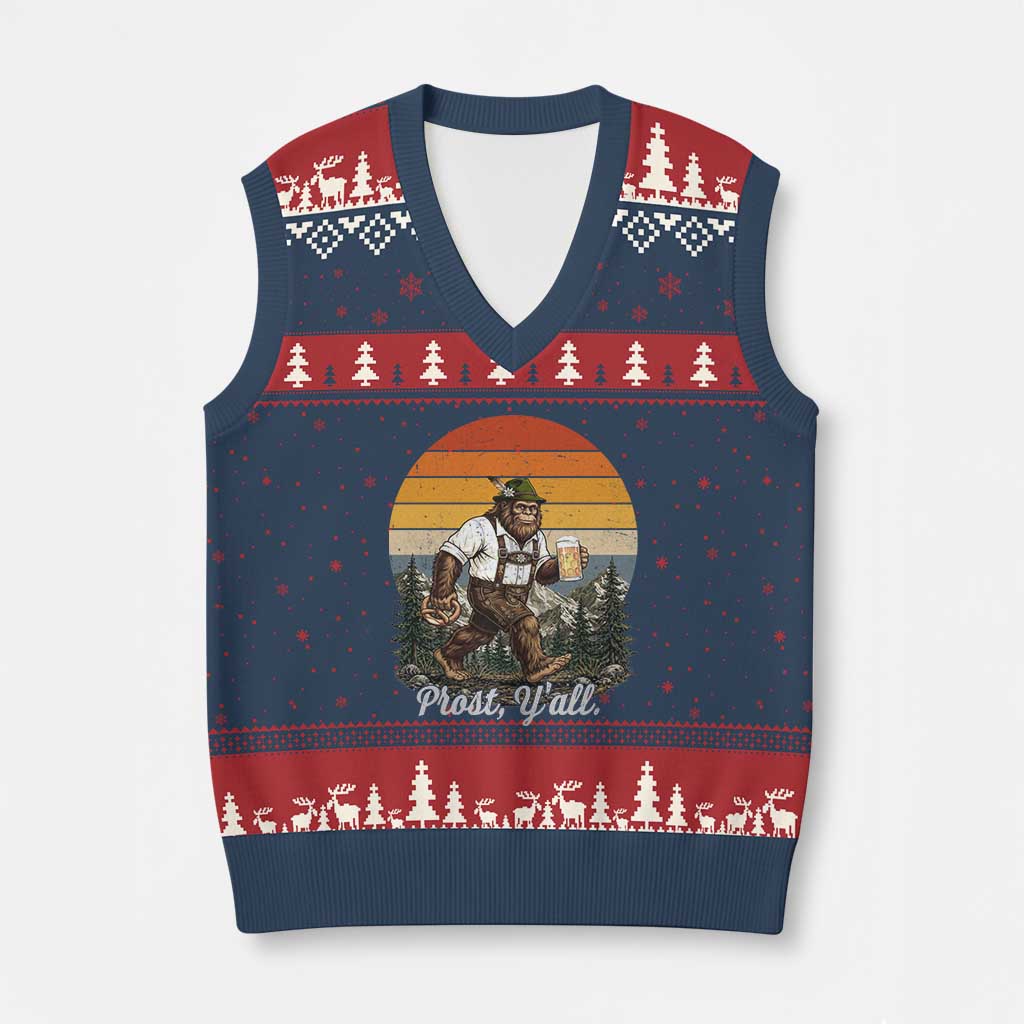 Prost Yall Bigfoot V-Neck Knit Sweater Vest Vintage Oktoberfest Beer Lover Sasquatch Gift TS12 Navy Red Print Your Wear