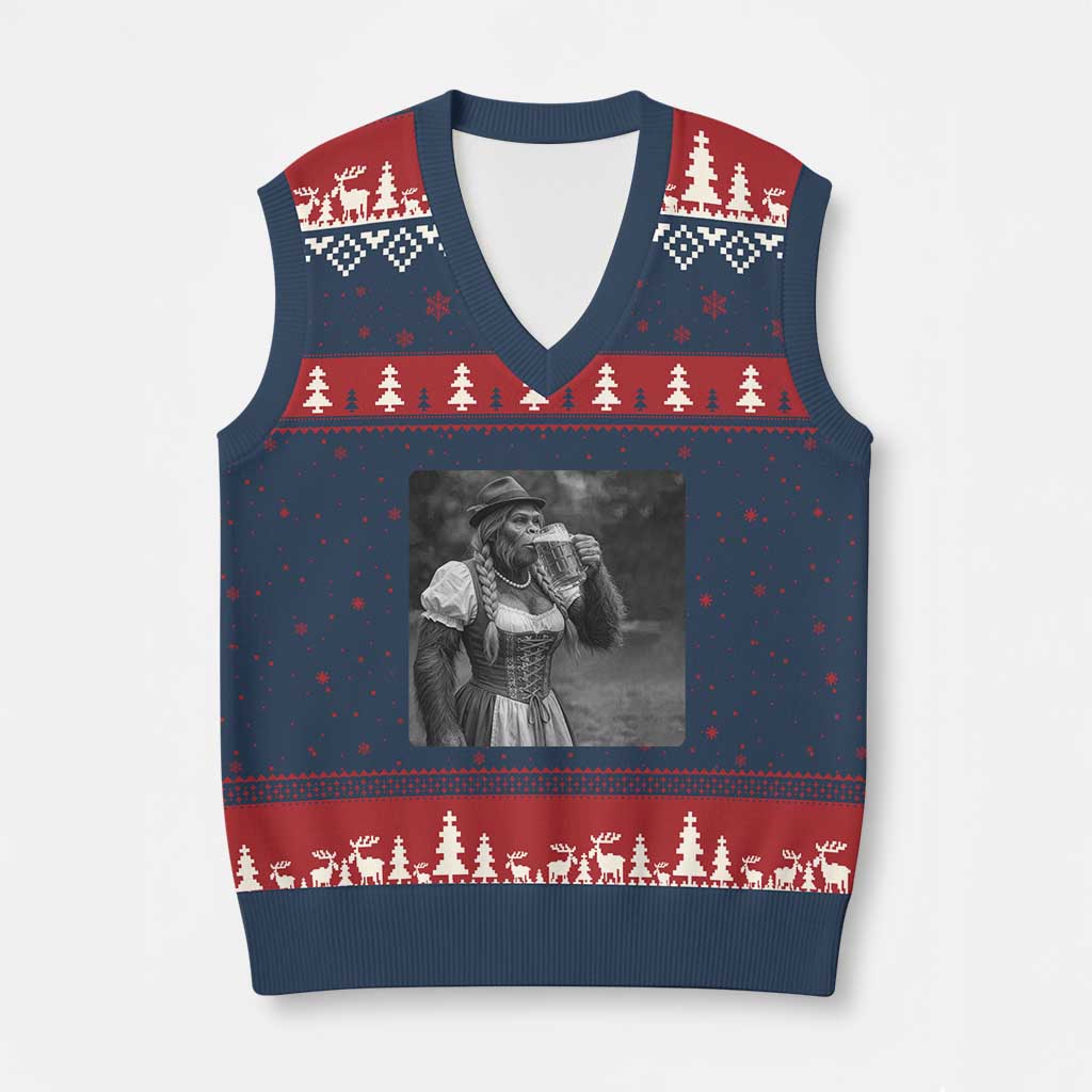 Bigfoot Oktoberfest V-Neck Knit Sweater Vest Vintage Dirndl German Beer Festival Humor TS12 Navy Red Print Your Wear