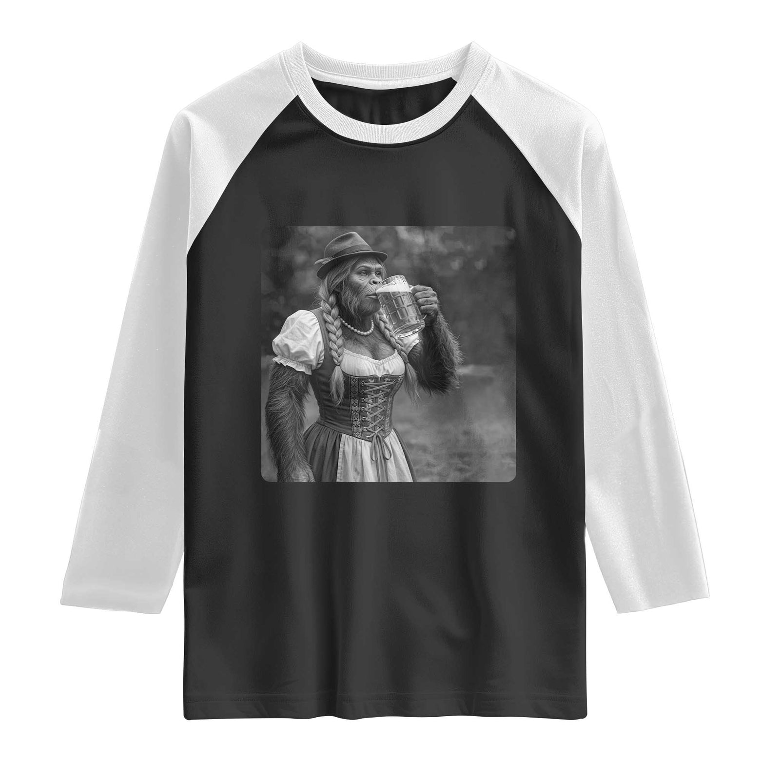 Bigfoot Oktoberfest Raglan Shirt Vintage Dirndl German Beer Festival Humor TS12 Black White Print Your Wear