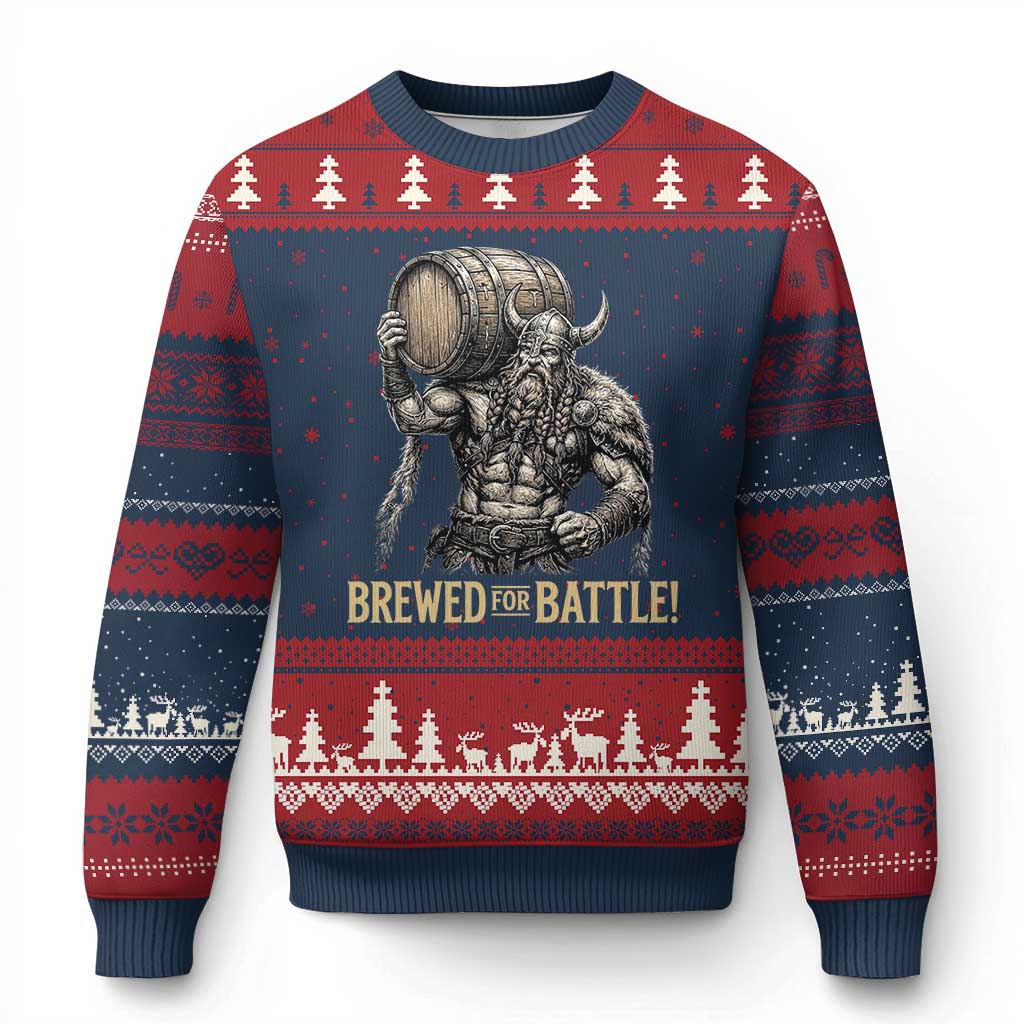 Vintage Viking Beer Drinker Warrior Gift Ugly Christmas Sweater Brewed For Battle TS12 Navy Red Print Your Wear