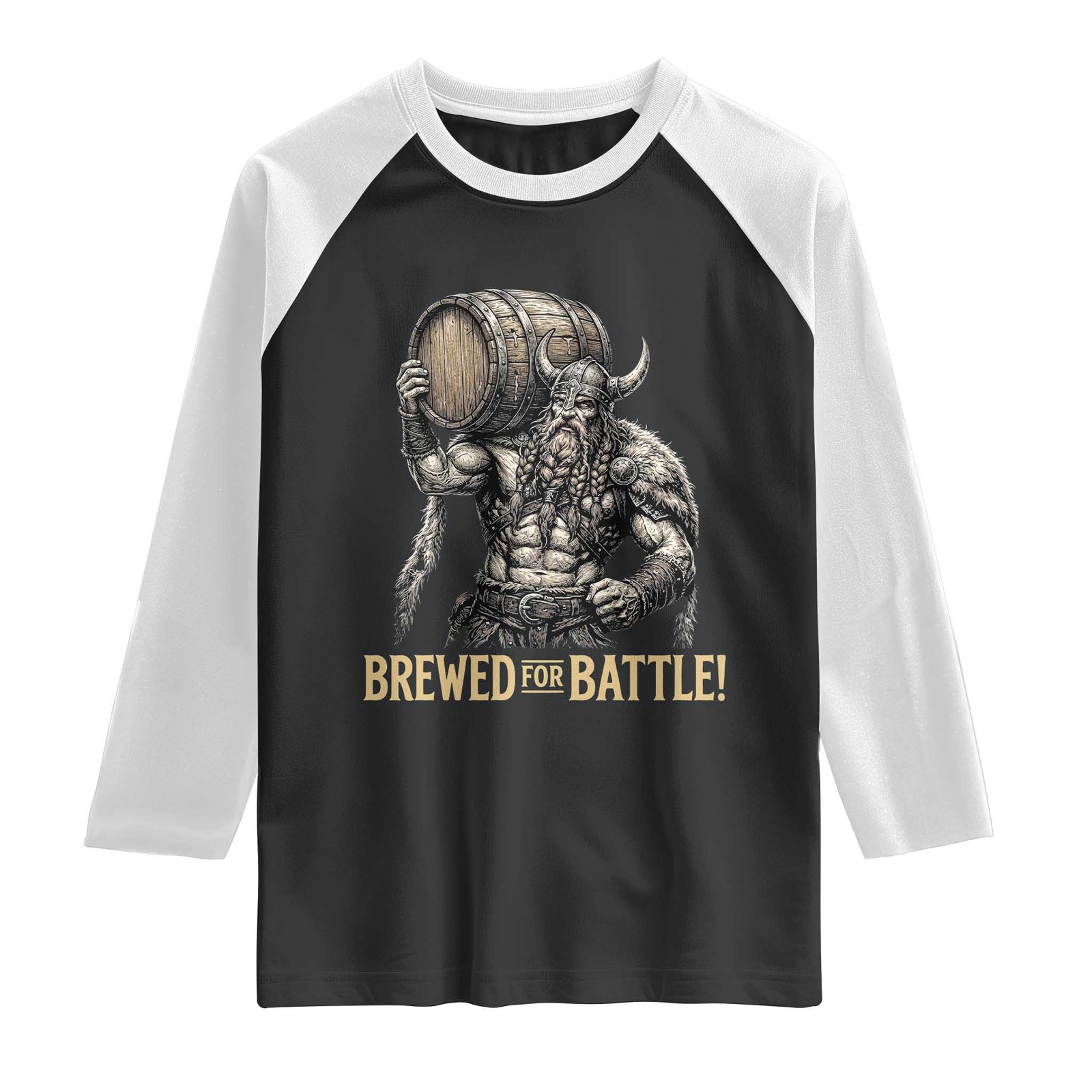 Vintage Viking Beer Drinker Warrior Gift Raglan Shirt Brewed For Battle TS12 Black White Print Your Wear
