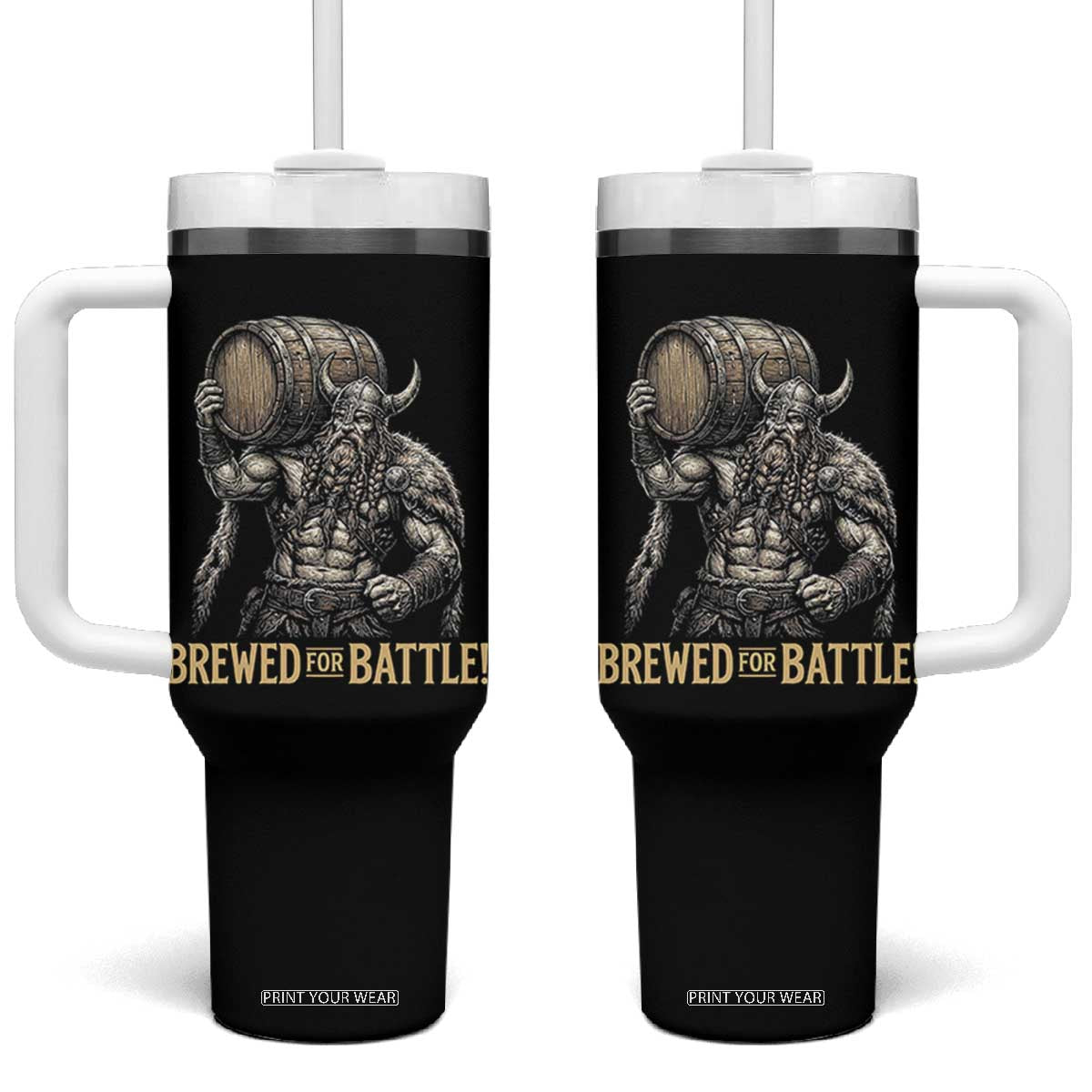 Vintage Viking Beer Drinker Warrior Gift Tumbler With Handle Brewed For Battle TS12 One Size: 40 oz Black Print Your Wear