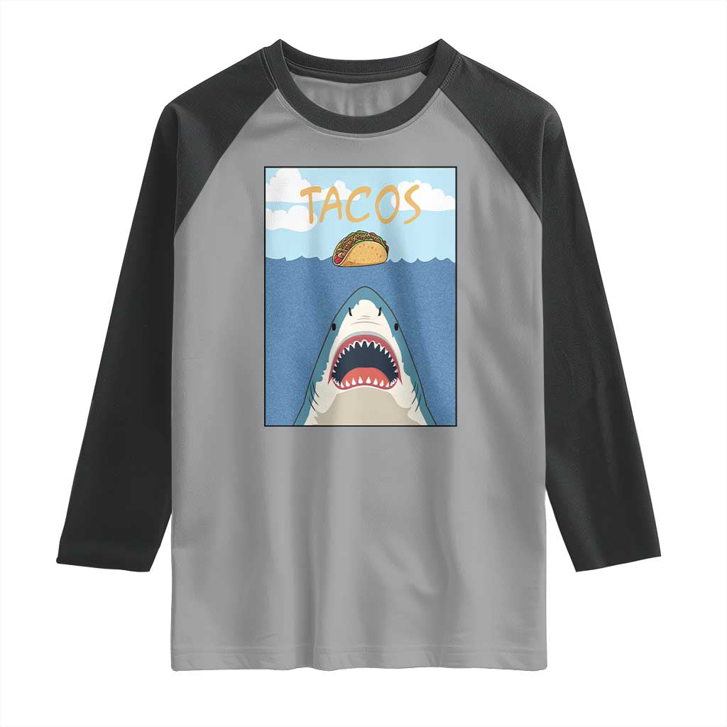 Funny Tacos Lover Raglan Shirt Shark Attack Humor Gift TS12 Sport Gray Black Print Your Wear