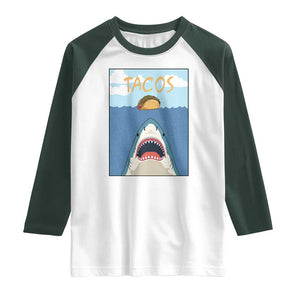 Funny Tacos Lover Raglan Shirt Shark Attack Humor Gift TS12 White Dark Forest Green Print Your Wear