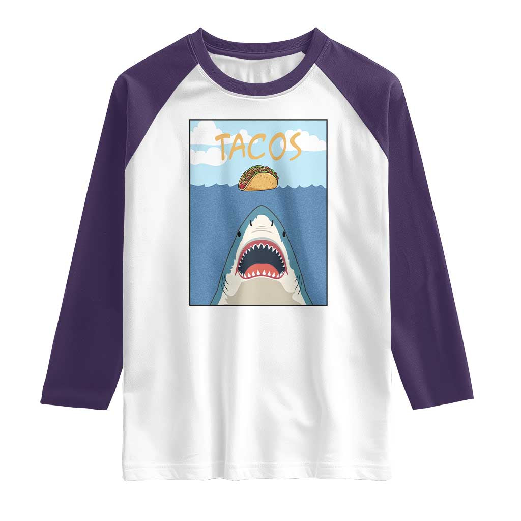 Funny Tacos Lover Raglan Shirt Shark Attack Humor Gift TS12 White Purple Print Your Wear