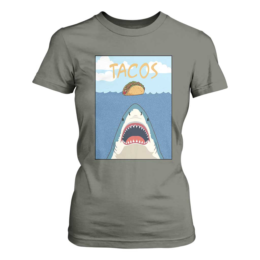 Funny Tacos Lover T Shirt For Women Shark Attack Humor Gift TS12 Military Green Print Your Wear