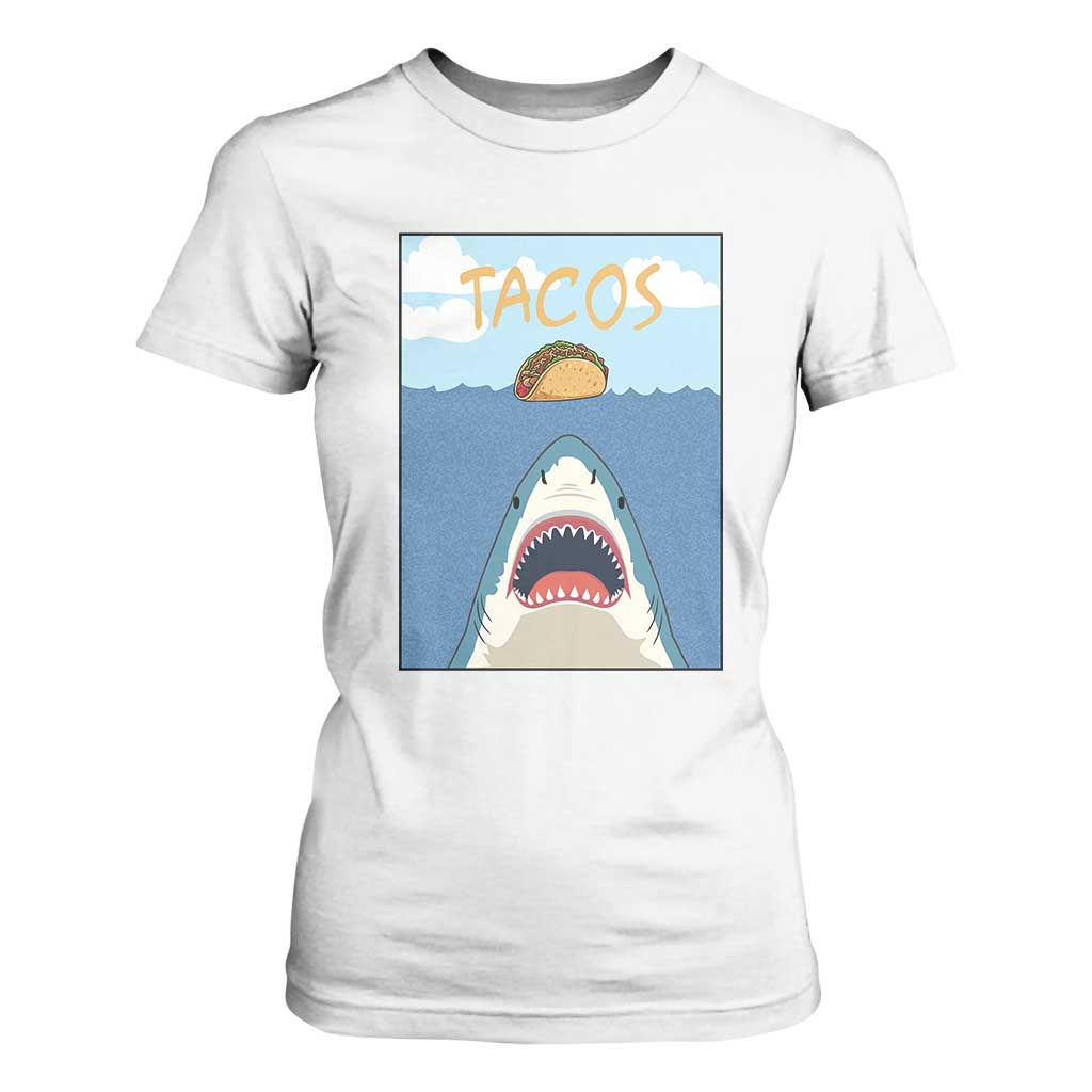 Funny Tacos Lover T Shirt For Women Shark Attack Humor Gift TS12 White Print Your Wear