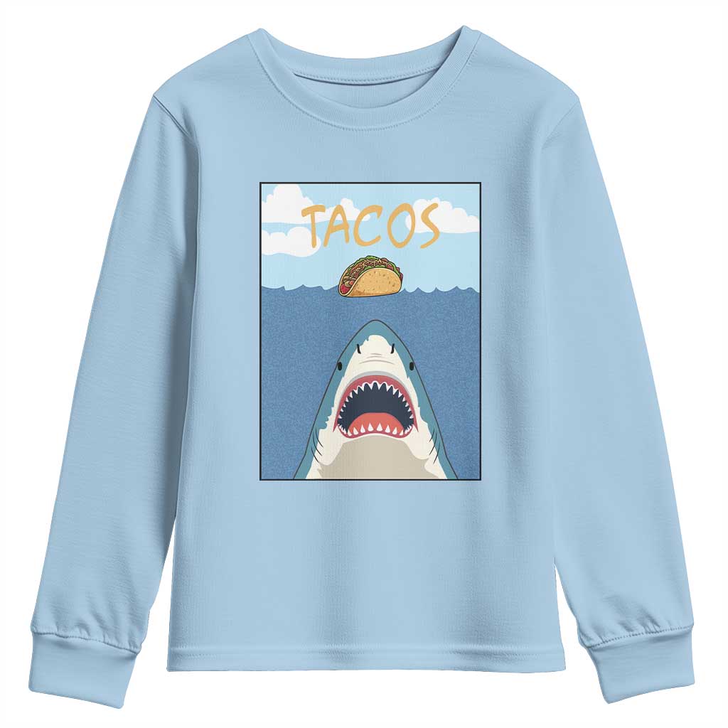 Funny Tacos Lover Youth Sweatshirt Shark Attack Humor Gift TS12 Light Blue Print Your Wear