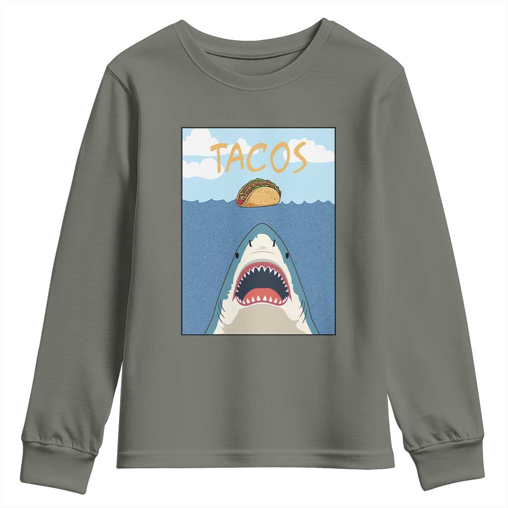 Funny Tacos Lover Youth Sweatshirt Shark Attack Humor Gift TS12 Military Green Print Your Wear