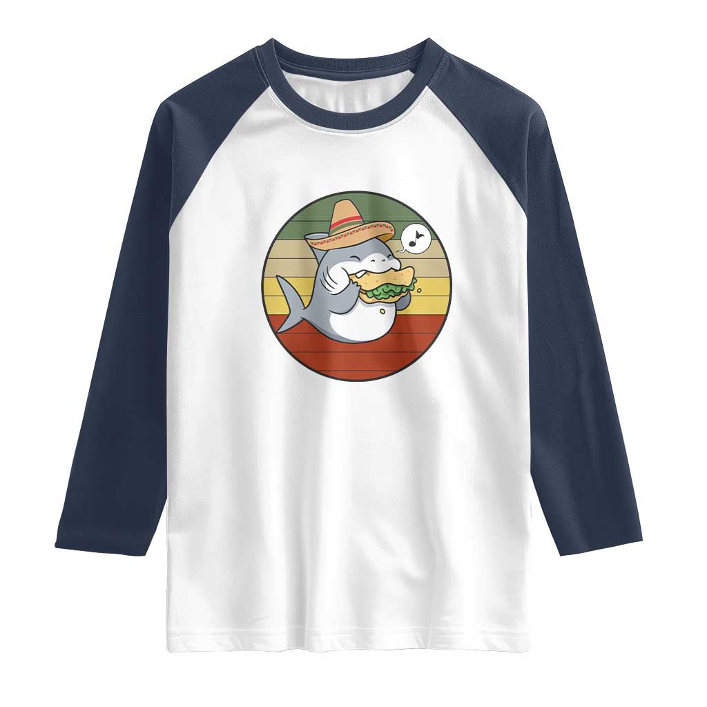 Mexican Food Lover Gift Raglan Shirt Funny Shark Eating Tacos TS12 White Navy Print Your Wear