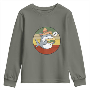 Mexican Food Lover Gift Youth Sweatshirt Funny Shark Eating Tacos TS12 Military Green Print Your Wear