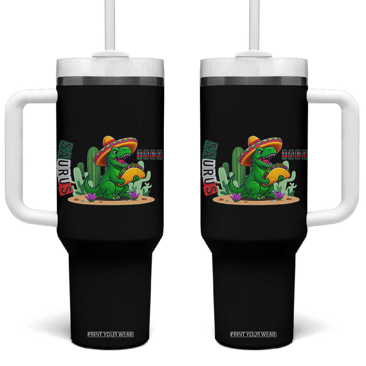 Mexican Food Lover Gift Tumbler With Handle Funny Dinosaur Taco Saurus TS12 One Size: 40 oz Black Print Your Wear