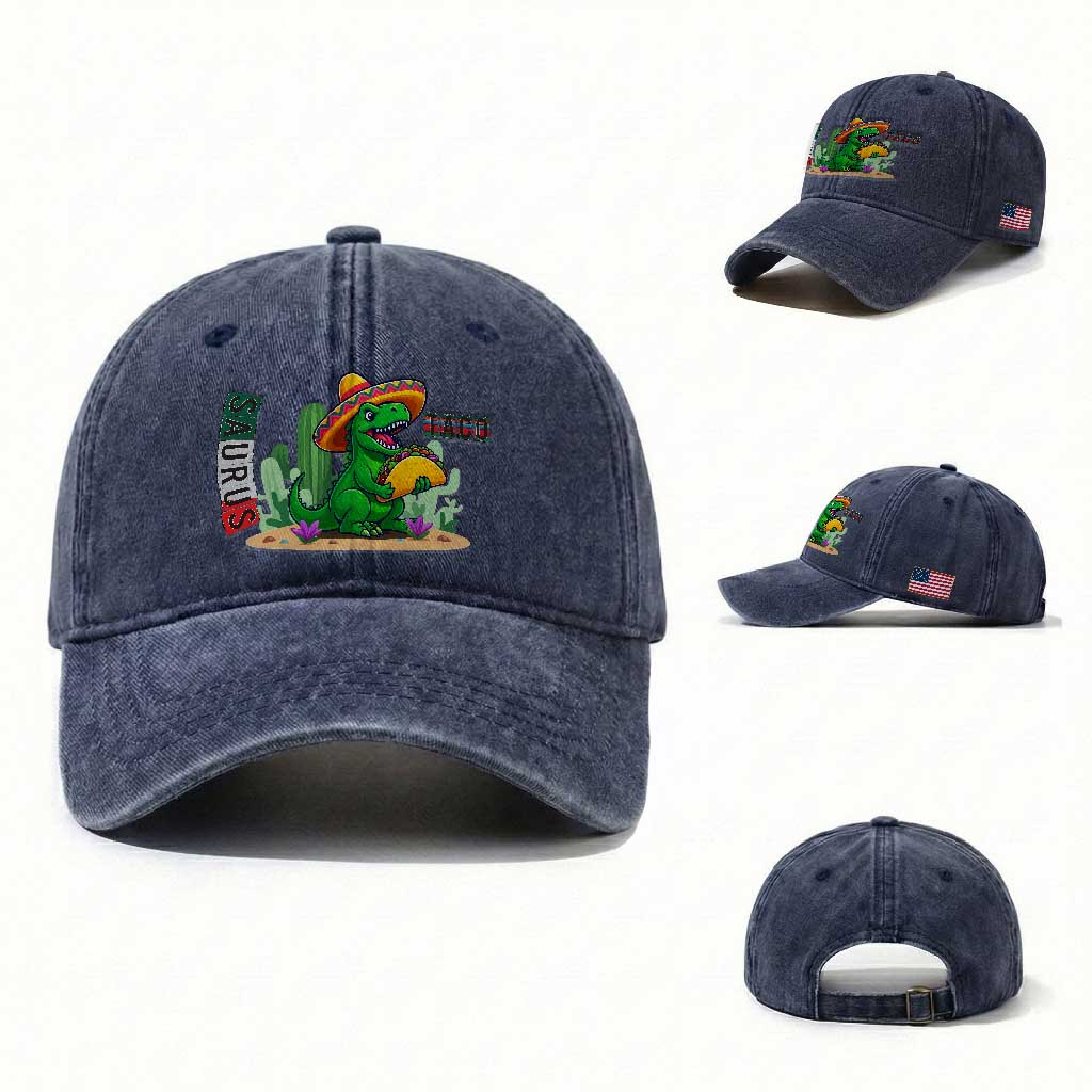 Mexican Food Lover Gift Washed Cotton Baseball Cap Funny Dinosaur Taco Saurus TS12 Washed Cap Universal Fit Navy Print Your Wear