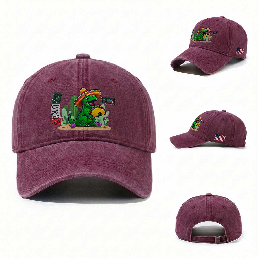 Mexican Food Lover Gift Washed Cotton Baseball Cap Funny Dinosaur Taco Saurus TS12 Washed Cap Universal Fit Burgundy Print Your Wear