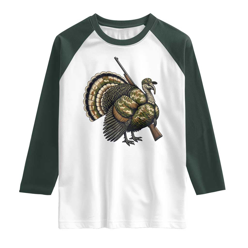 Funny Camo Turkey Hunter Rifle Gift Raglan Shirt TS12 White Dark Forest Green Print Your Wear