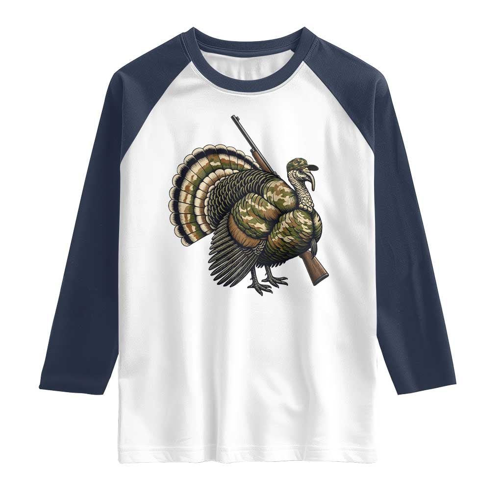 Funny Camo Turkey Hunter Rifle Gift Raglan Shirt TS12 White Navy Print Your Wear