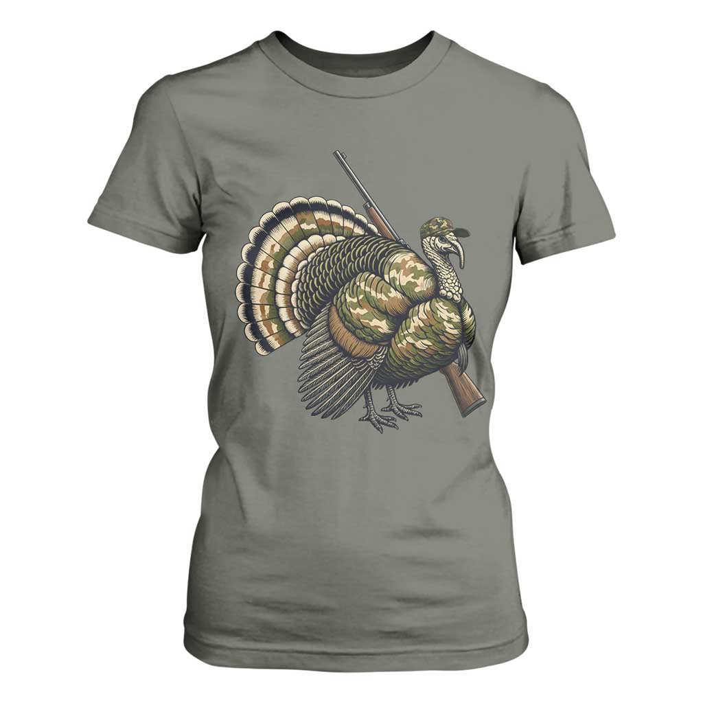 Funny Camo Turkey Hunter Rifle Gift T Shirt For Women TS12 Military Green Print Your Wear