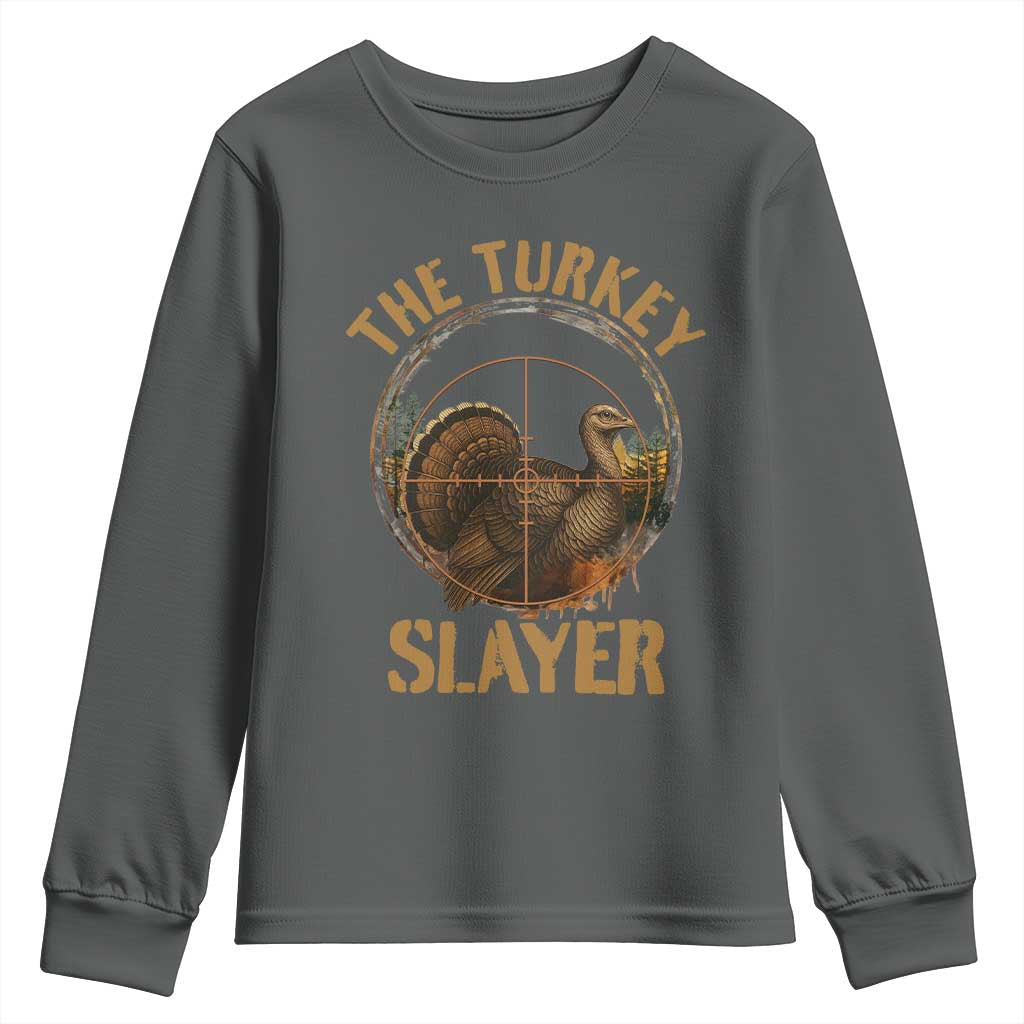 The Turkey Slayer Youth Sweatshirt Funny Hunting Season Gift TS12 Dark Heather Print Your Wear