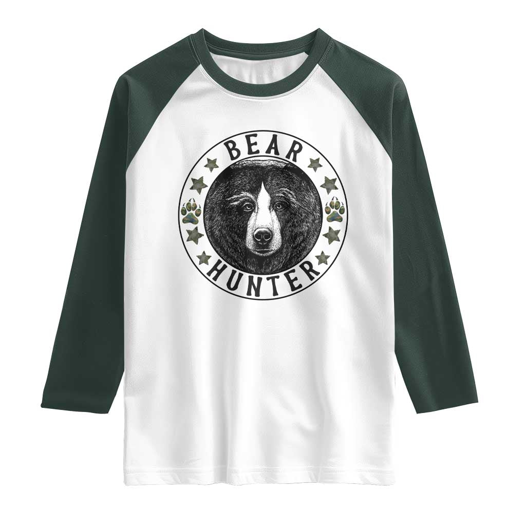 Bear Hunter Raglan Shirt Funny Hunting Season Gift TS12 White Dark Forest Green Print Your Wear