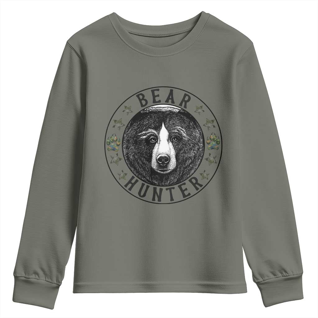 Bear Hunter Youth Sweatshirt Funny Hunting Season Gift TS12 Military Green Print Your Wear