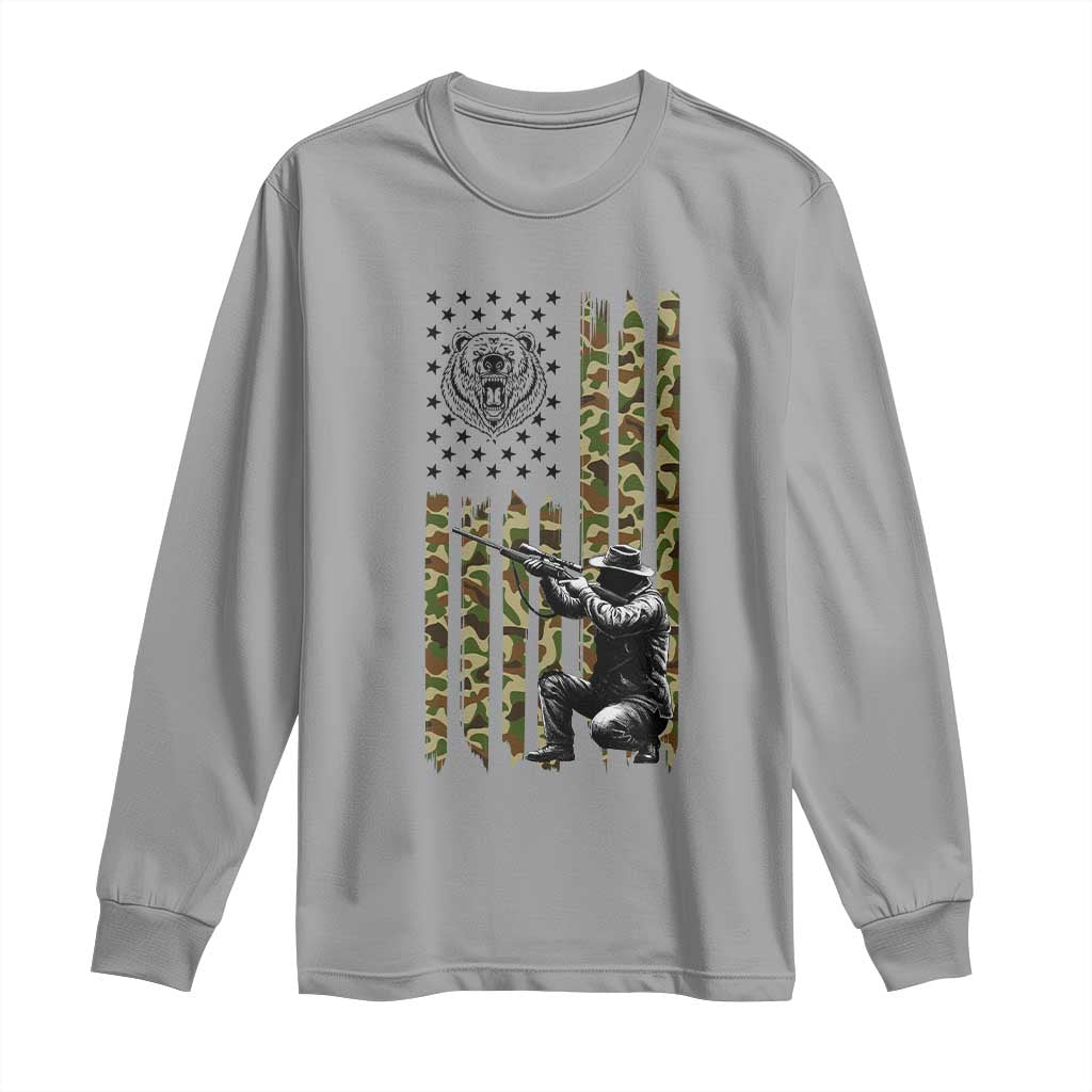 Bear Hunting Long Sleeve Shirt Camo American Flag Hunter Gift TS12 Sport Gray Print Your Wear