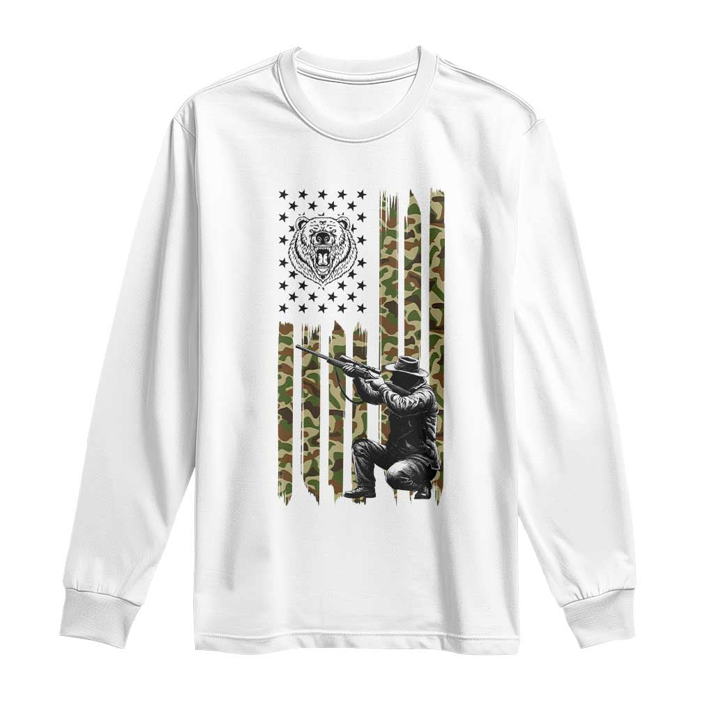 Bear Hunting Long Sleeve Shirt Camo American Flag Hunter Gift TS12 White Print Your Wear