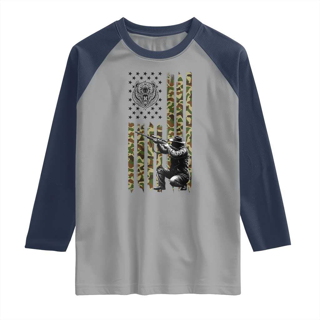 Bear Hunting Raglan Shirt Camo American Flag Hunter Gift TS12 Sport Gray Navy Print Your Wear