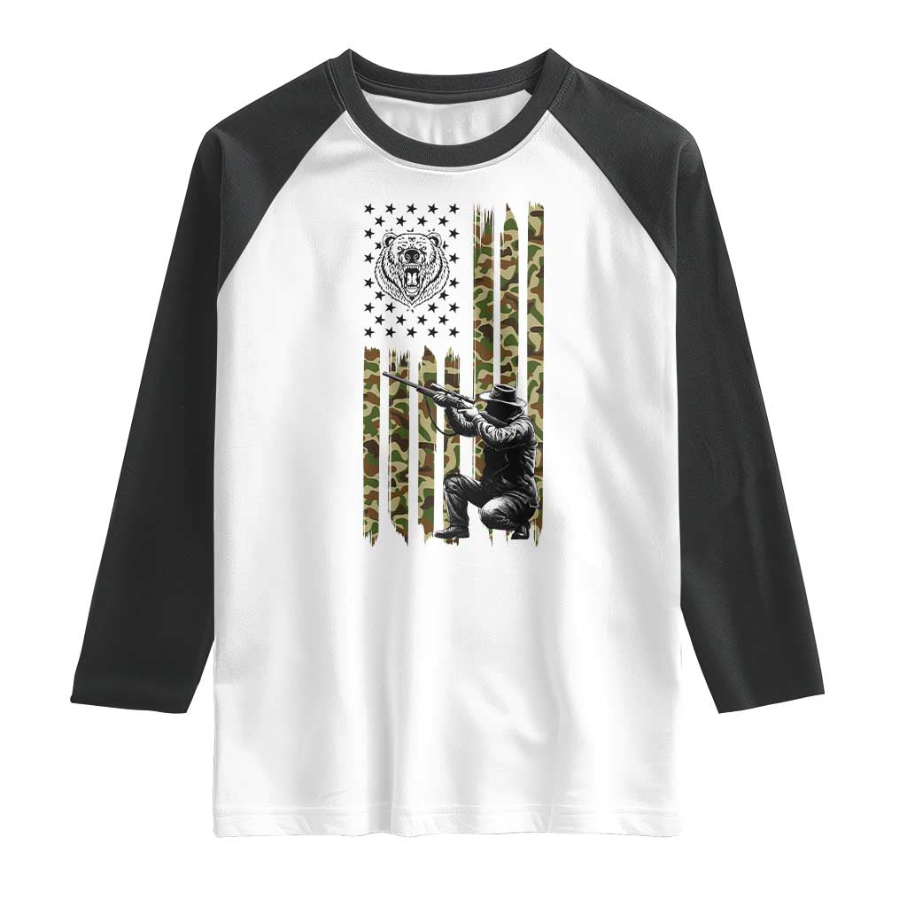 Bear Hunting Raglan Shirt Camo American Flag Hunter Gift TS12 White Black Print Your Wear