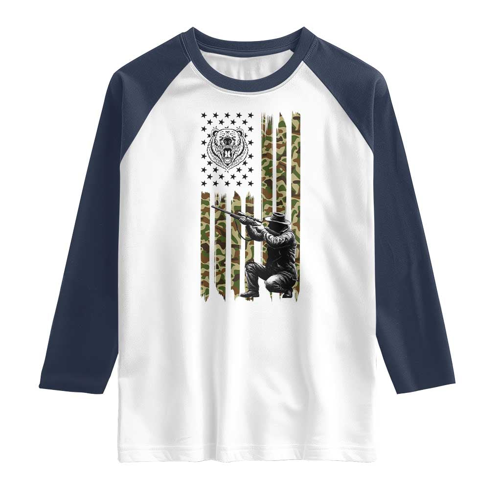 Bear Hunting Raglan Shirt Camo American Flag Hunter Gift TS12 White Navy Print Your Wear