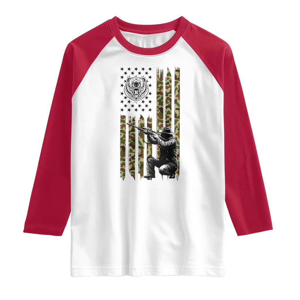 Bear Hunting Raglan Shirt Camo American Flag Hunter Gift TS12 White Red Print Your Wear