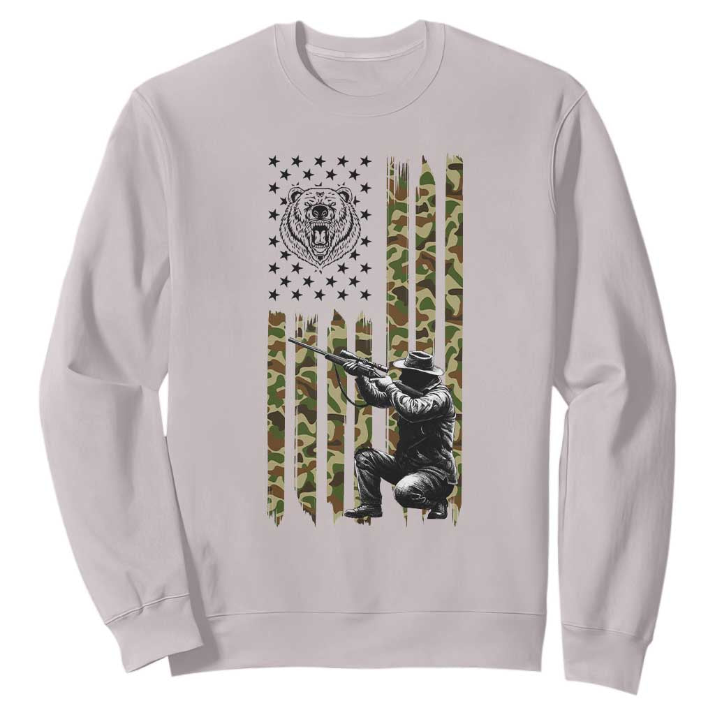Bear Hunting Sweatshirt Camo American Flag Hunter Gift TS12 Ice Gray Print Your Wear