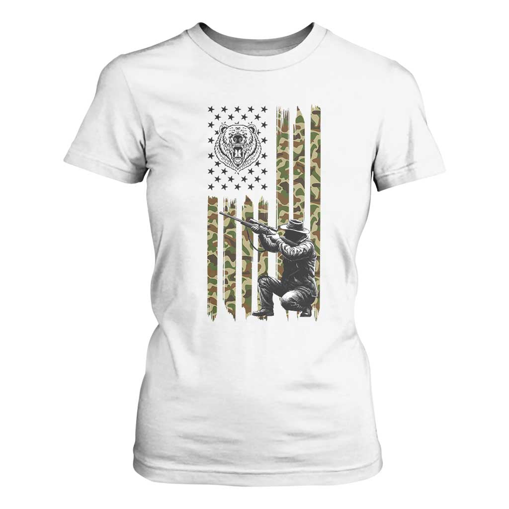 Bear Hunting T Shirt For Women Camo American Flag Hunter Gift TS12 White Print Your Wear