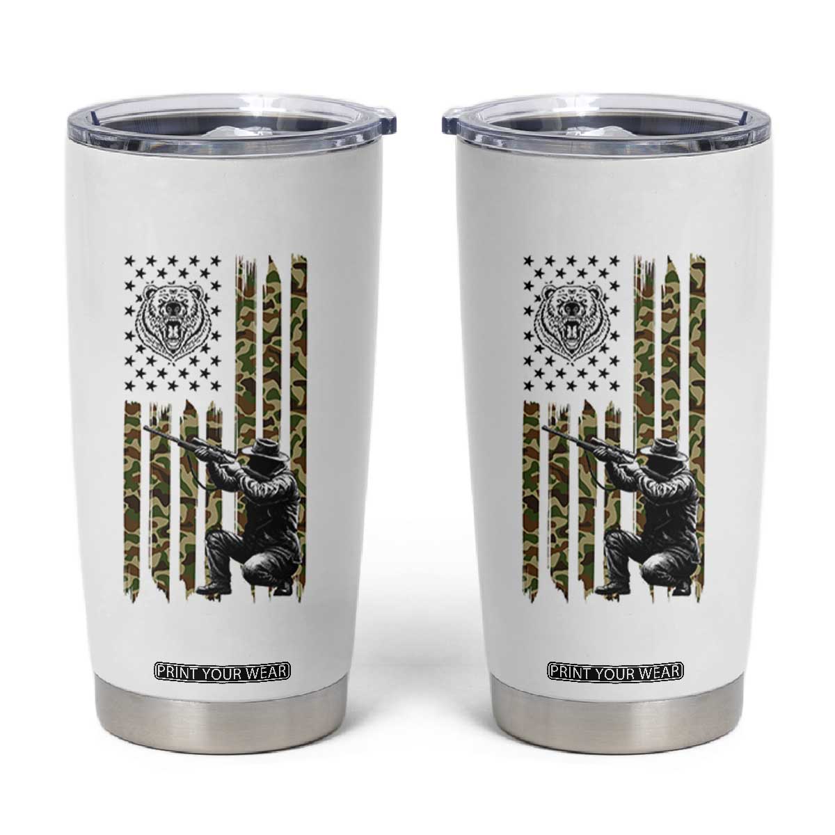 Bear Hunting Tumbler Cup Camo American Flag Hunter Gift - Print Your Wear