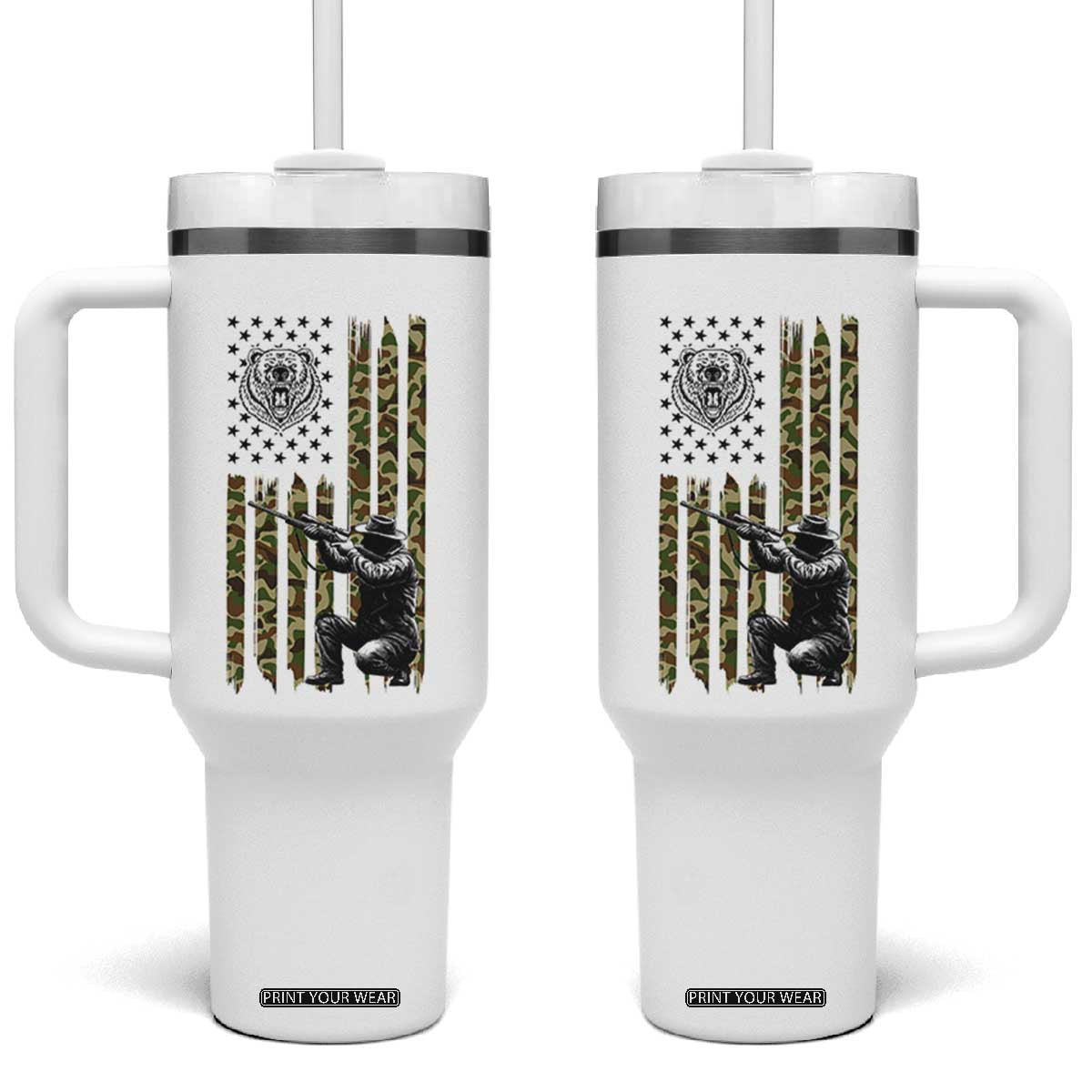 Bear Hunting Tumbler With Handle Camo American Flag Hunter Gift TS12 One Size: 40 oz White Print Your Wear