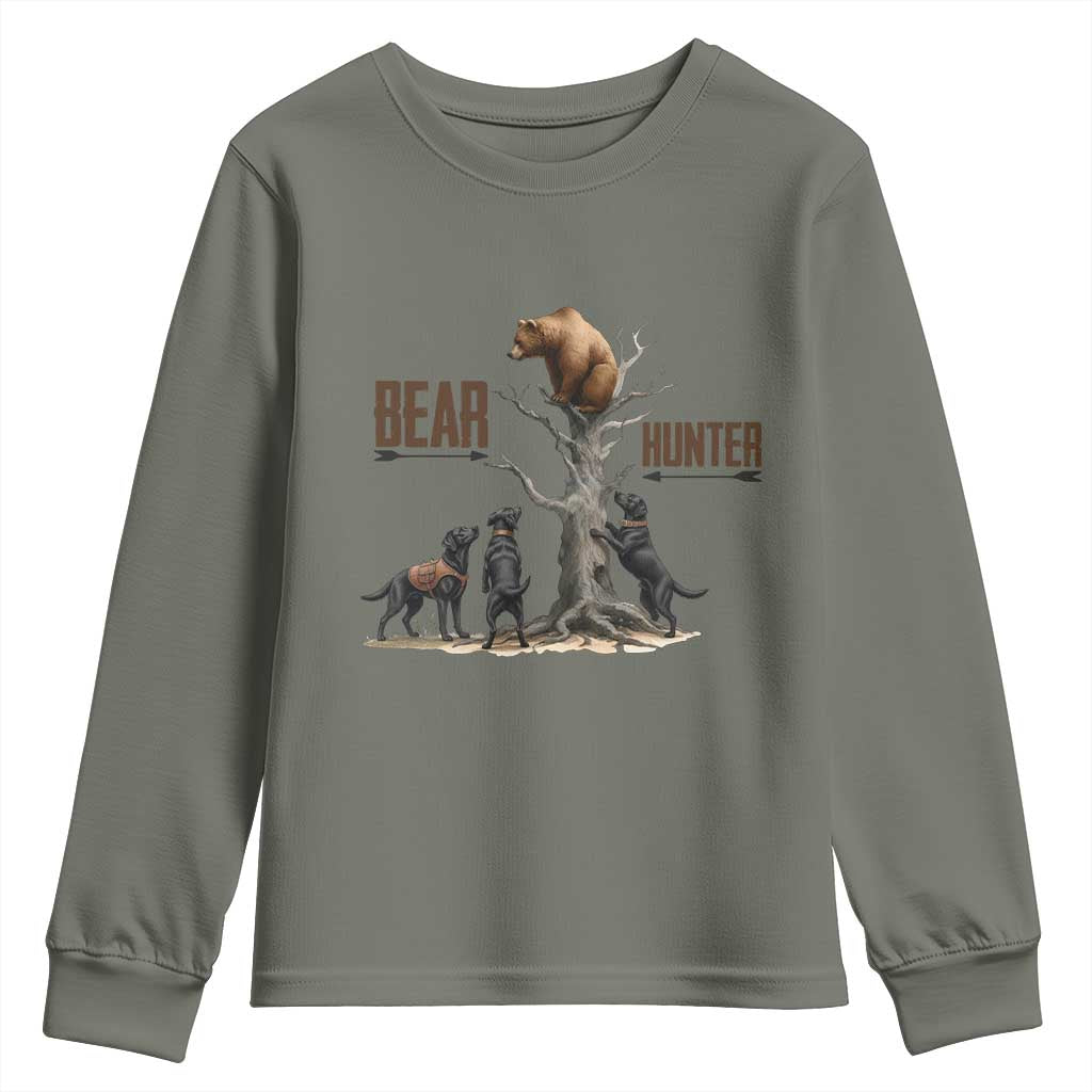 Bear Hunter Youth Sweatshirt Black Lab Retriever Funny Hunting Gift TS12 Military Green Print Your Wear