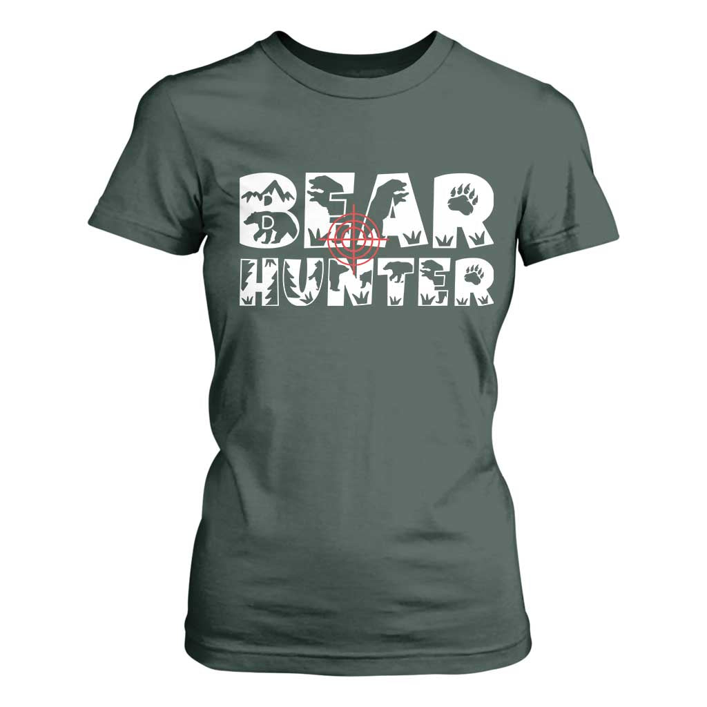 Bear Hunter T Shirt For Women Outdoor Adventure Gift TS12 Dark Forest Green Print Your Wear