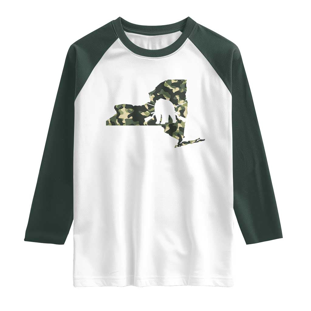 New York Bear Hunter Raglan Shirt Camo Map Hunting Season Gift TS12 White Dark Forest Green Print Your Wear