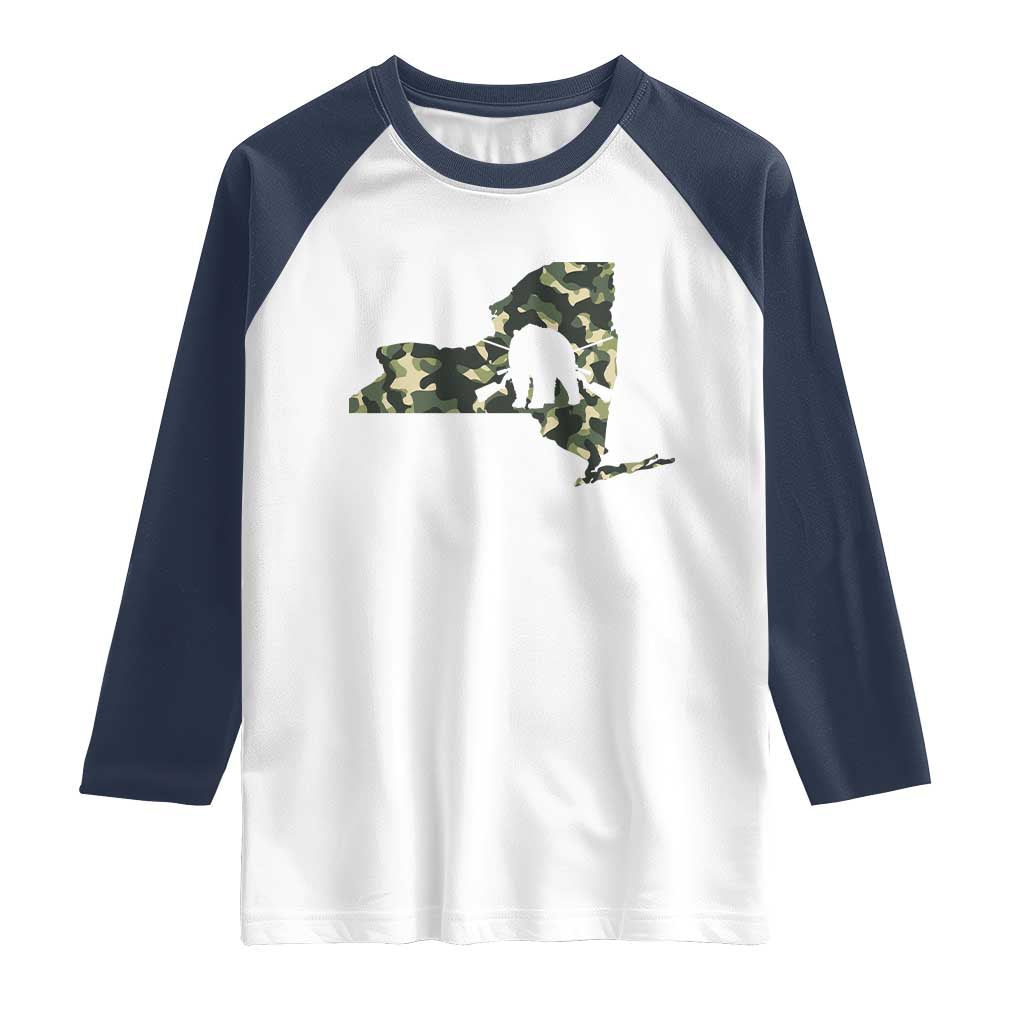 New York Bear Hunter Raglan Shirt Camo Map Hunting Season Gift TS12 White Navy Print Your Wear