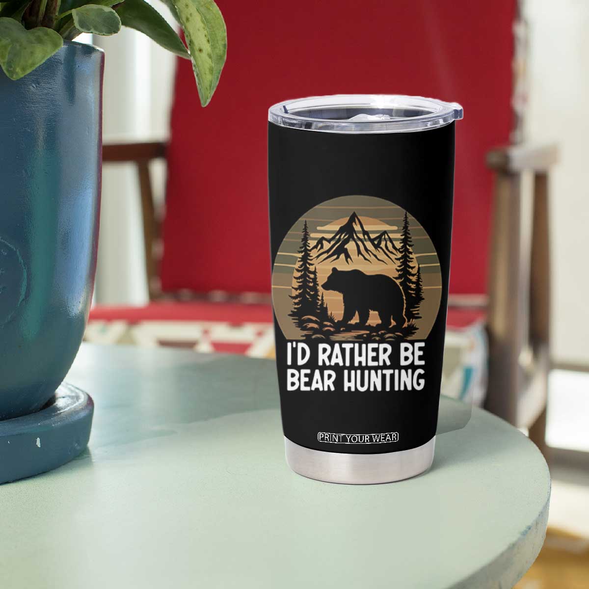 Id Rather Be Bear Hunting Tumbler Cup Retro Sunset Hunter Gift - Print Your Wear