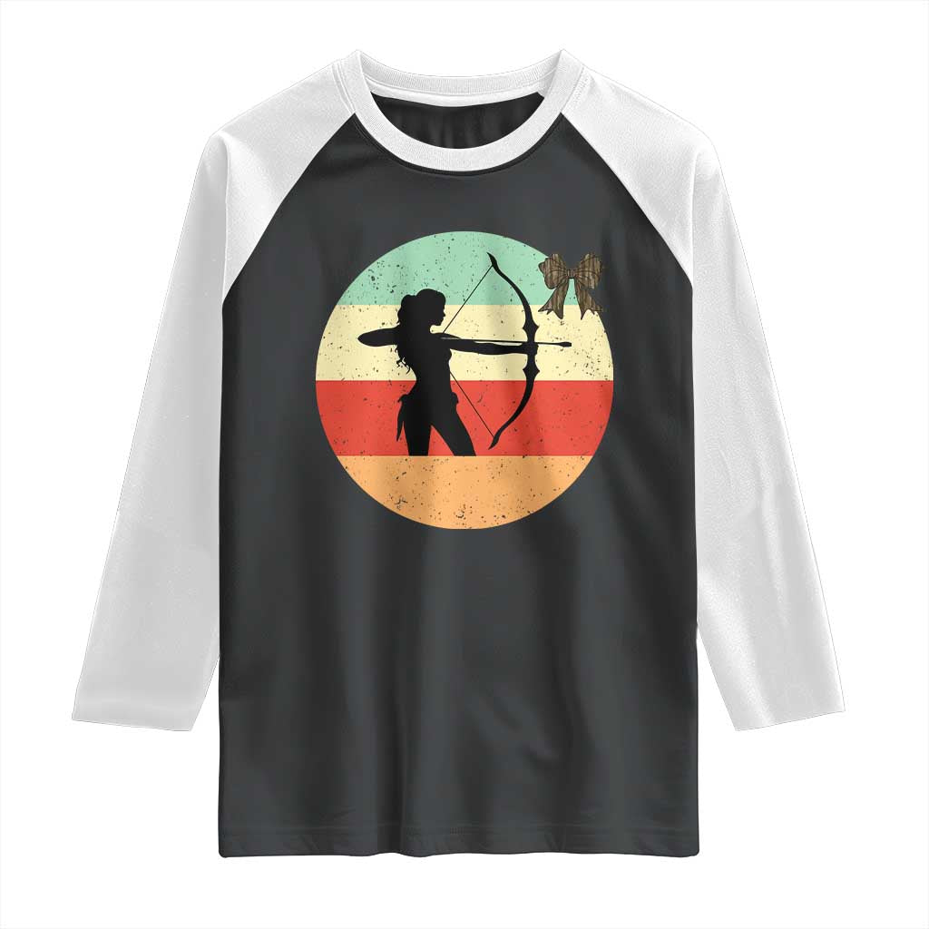 Retro Sunset Hunter Gift Raglan Shirt Women Bow Hunters TS12 Black White Print Your Wear