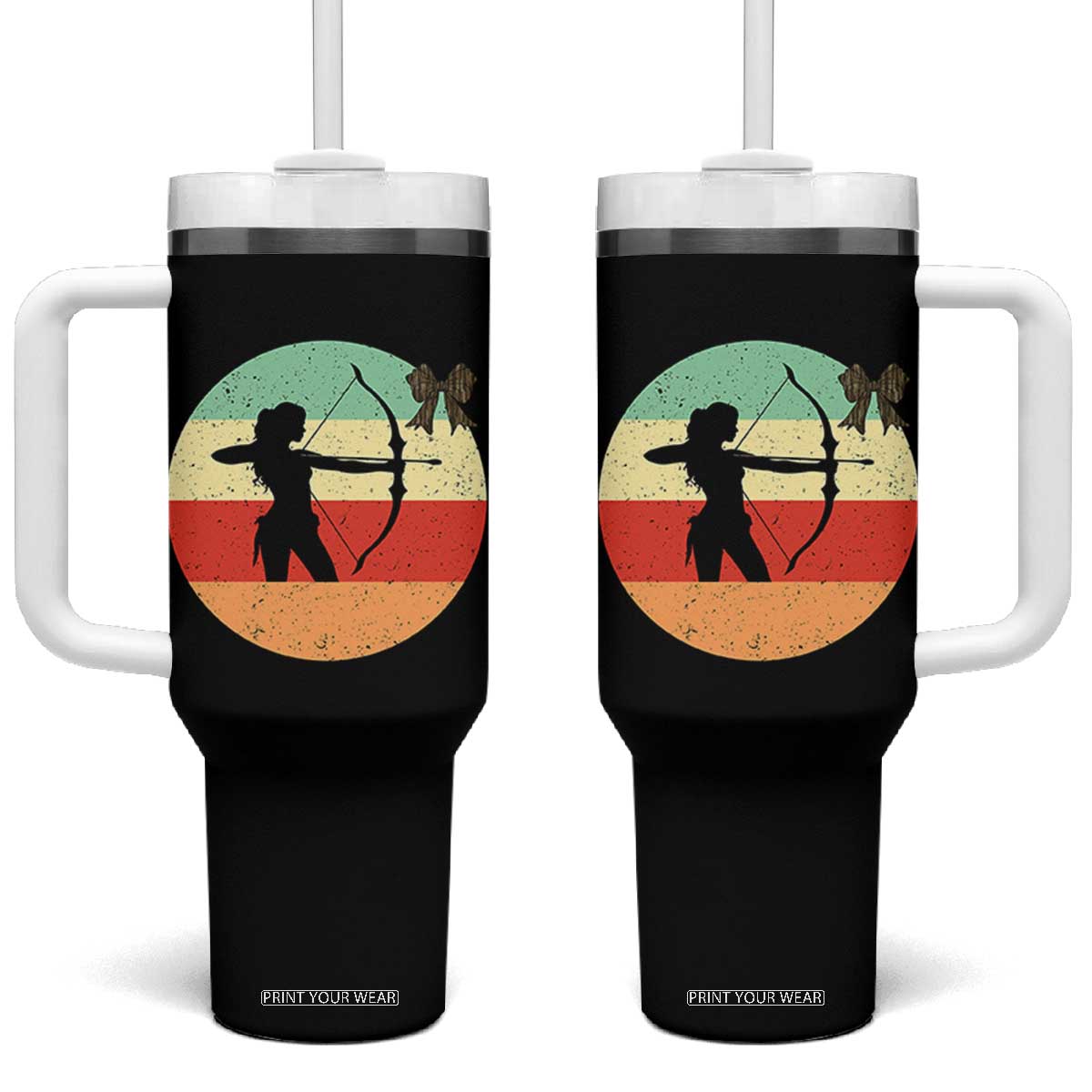 Retro Sunset Hunter Gift Tumbler With Handle Women Bow Hunters TS12 One Size: 40 oz Black Print Your Wear