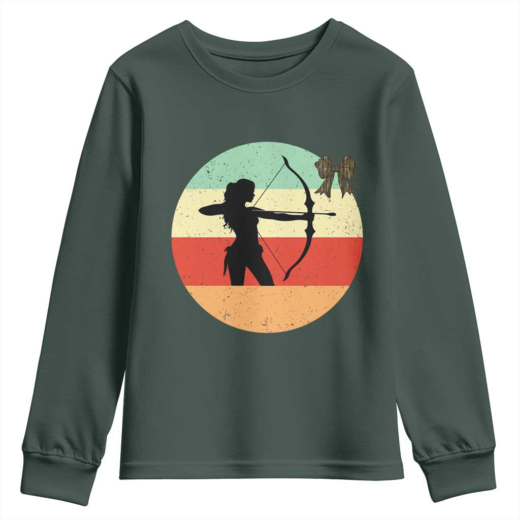 Retro Sunset Hunter Gift Youth Sweatshirt Women Bow Hunters TS12 Dark Forest Green Print Your Wear