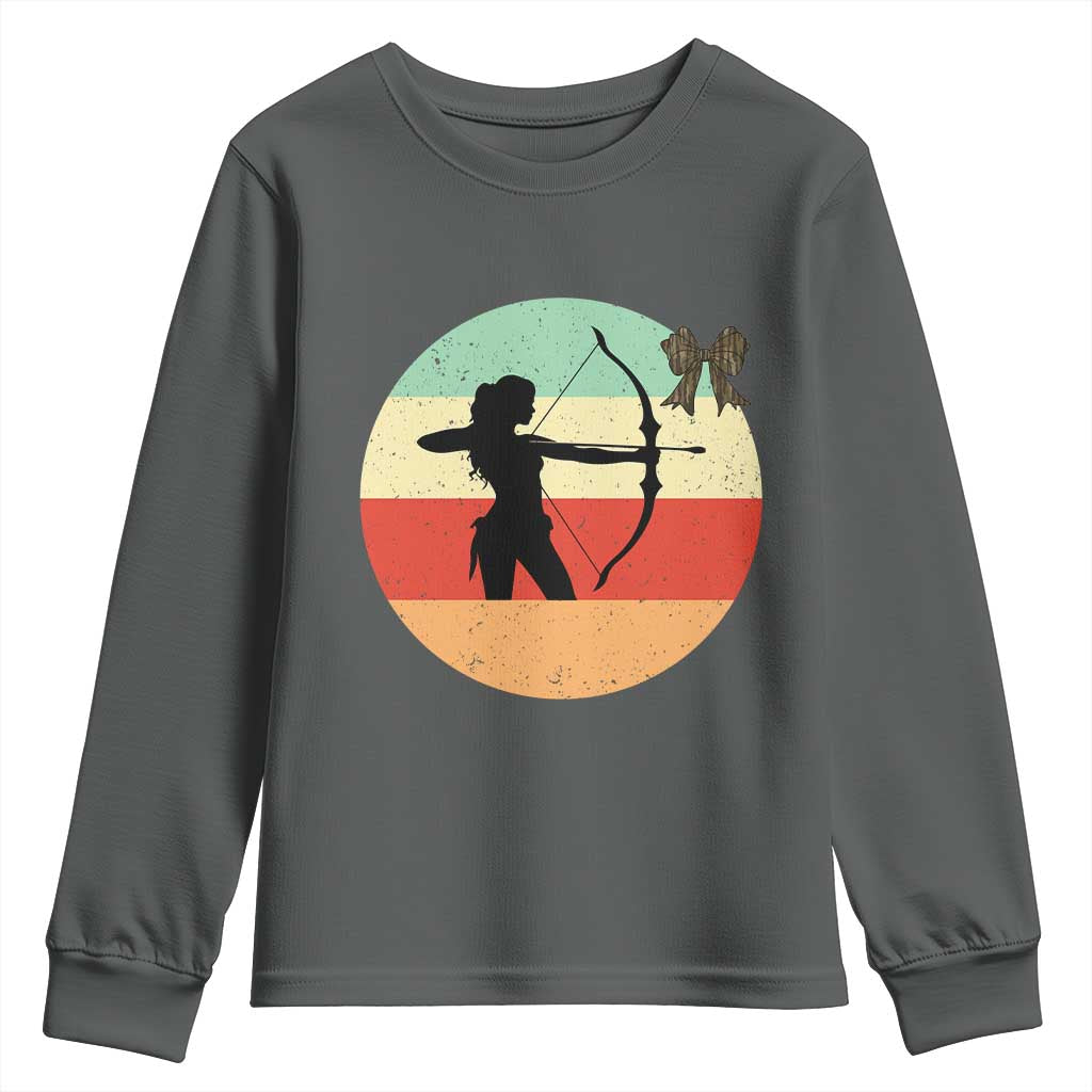 Retro Sunset Hunter Gift Youth Sweatshirt Women Bow Hunters TS12 Dark Heather Print Your Wear