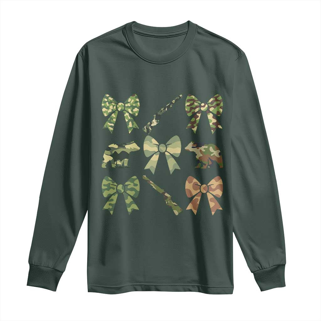Women Bear Hunting Season Long Sleeve Shirt Camo Bow Coquette Gift TS12 Dark Forest Green Print Your Wear